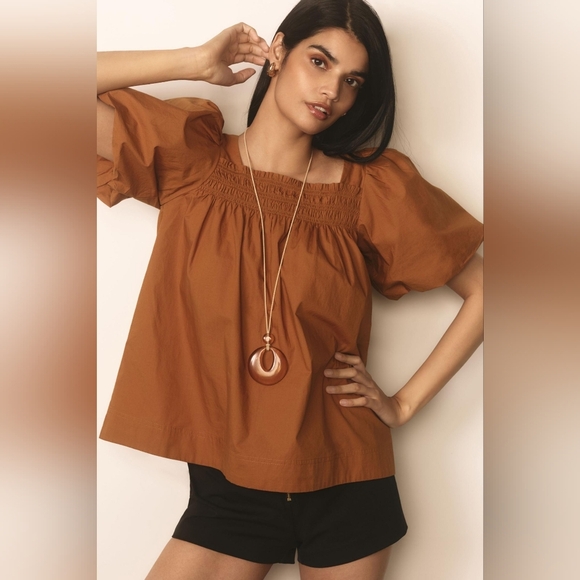 Maeve By Antropologie Women's Brown Puff Sleeve Top - Picture 1 of 15